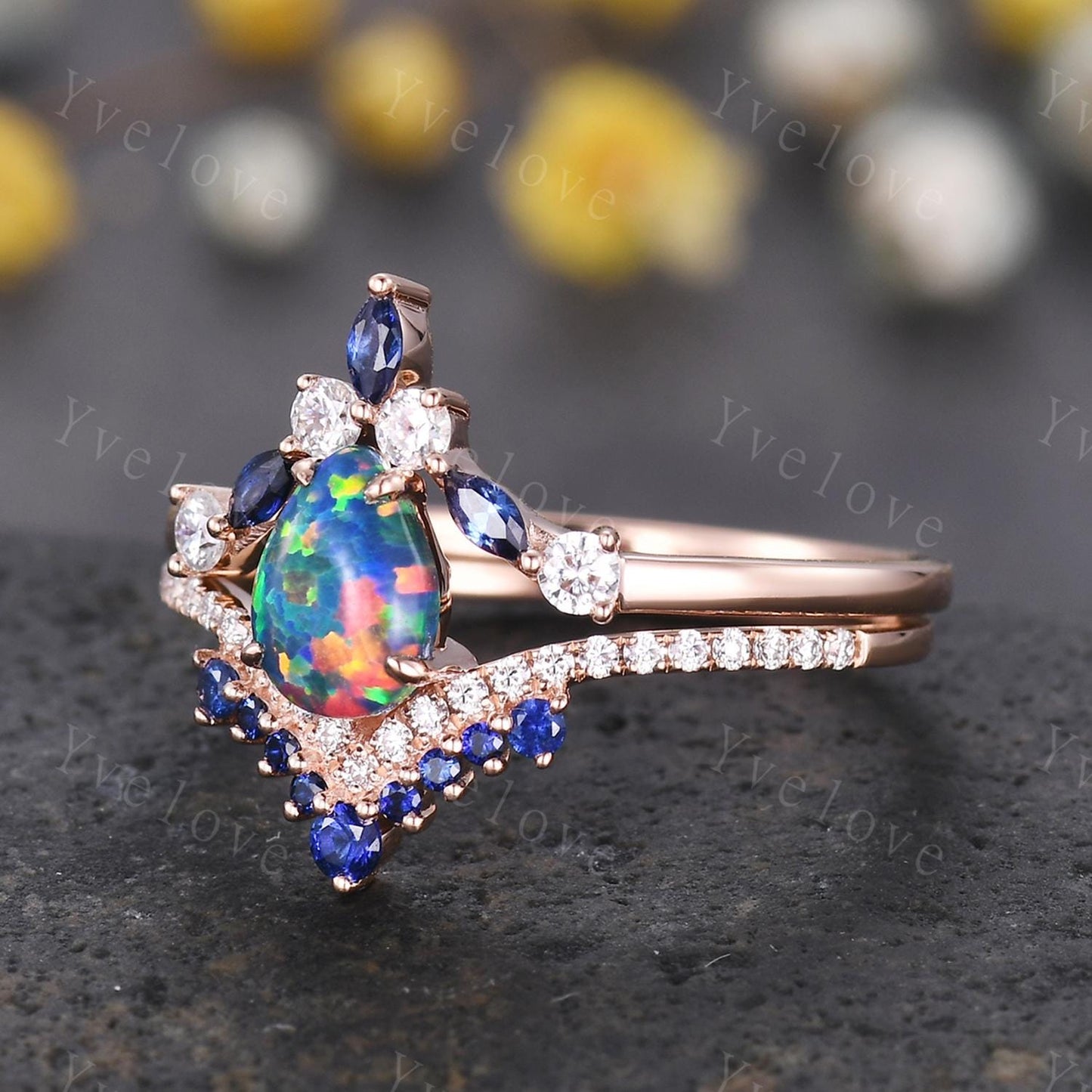 Vintage Black Opal Engagement Ring,Opal Sapphire Bridal Ring Set,Pear Opal Ring,Curve Blue Sapphire Diamond Stacking Band,14k Rose Gold Ring