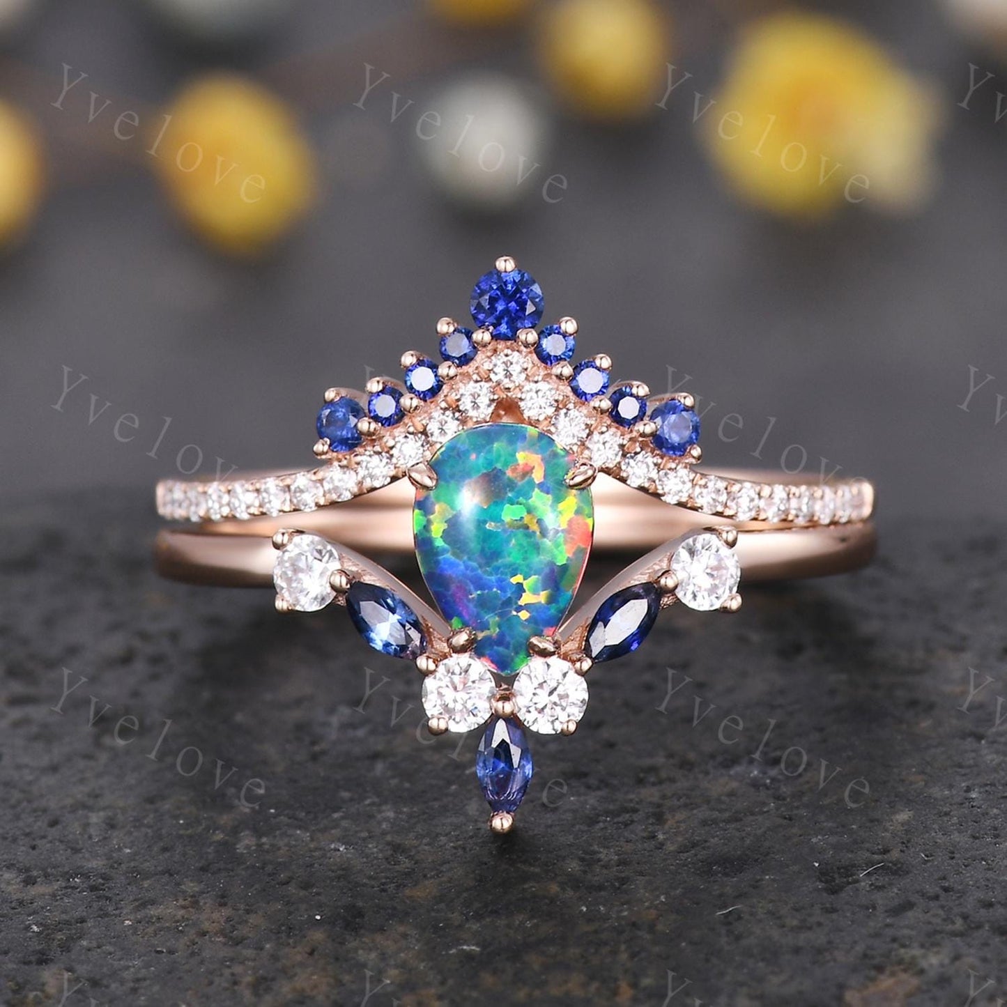 Vintage Black Opal Engagement Ring,Opal Sapphire Bridal Ring Set,Pear Opal Ring,Curve Blue Sapphire Diamond Stacking Band,14k Rose Gold Ring