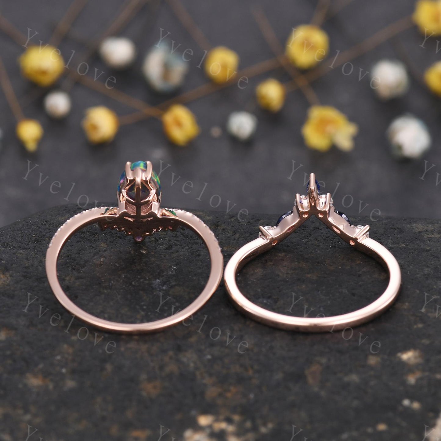Vintage Black Opal Engagement Ring,Opal Sapphire Bridal Ring Set,Pear Opal Ring,Curve Blue Sapphire Diamond Stacking Band,14k Rose Gold Ring