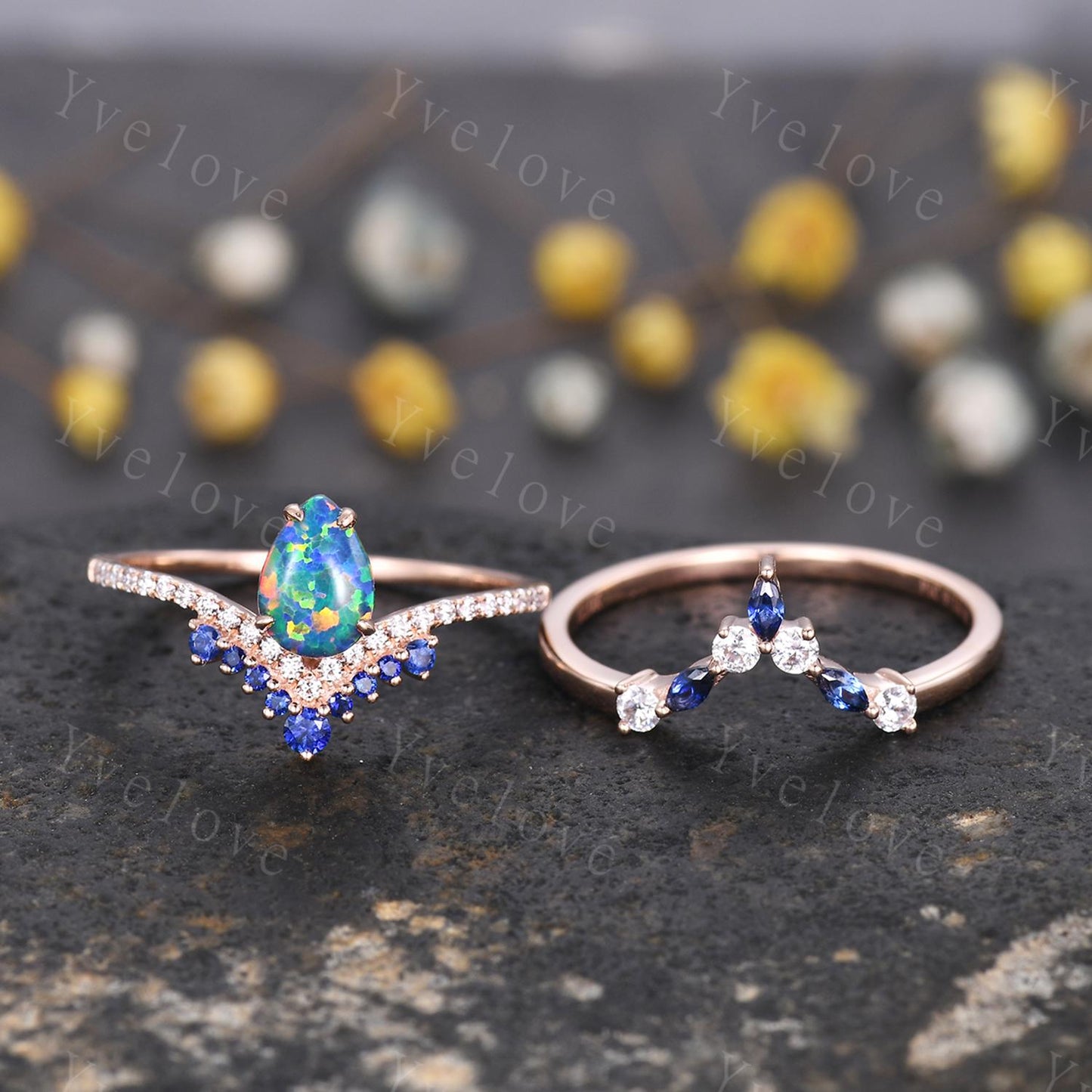 Vintage Black Opal Engagement Ring,Opal Sapphire Bridal Ring Set,Pear Opal Ring,Curve Blue Sapphire Diamond Stacking Band,14k Rose Gold Ring