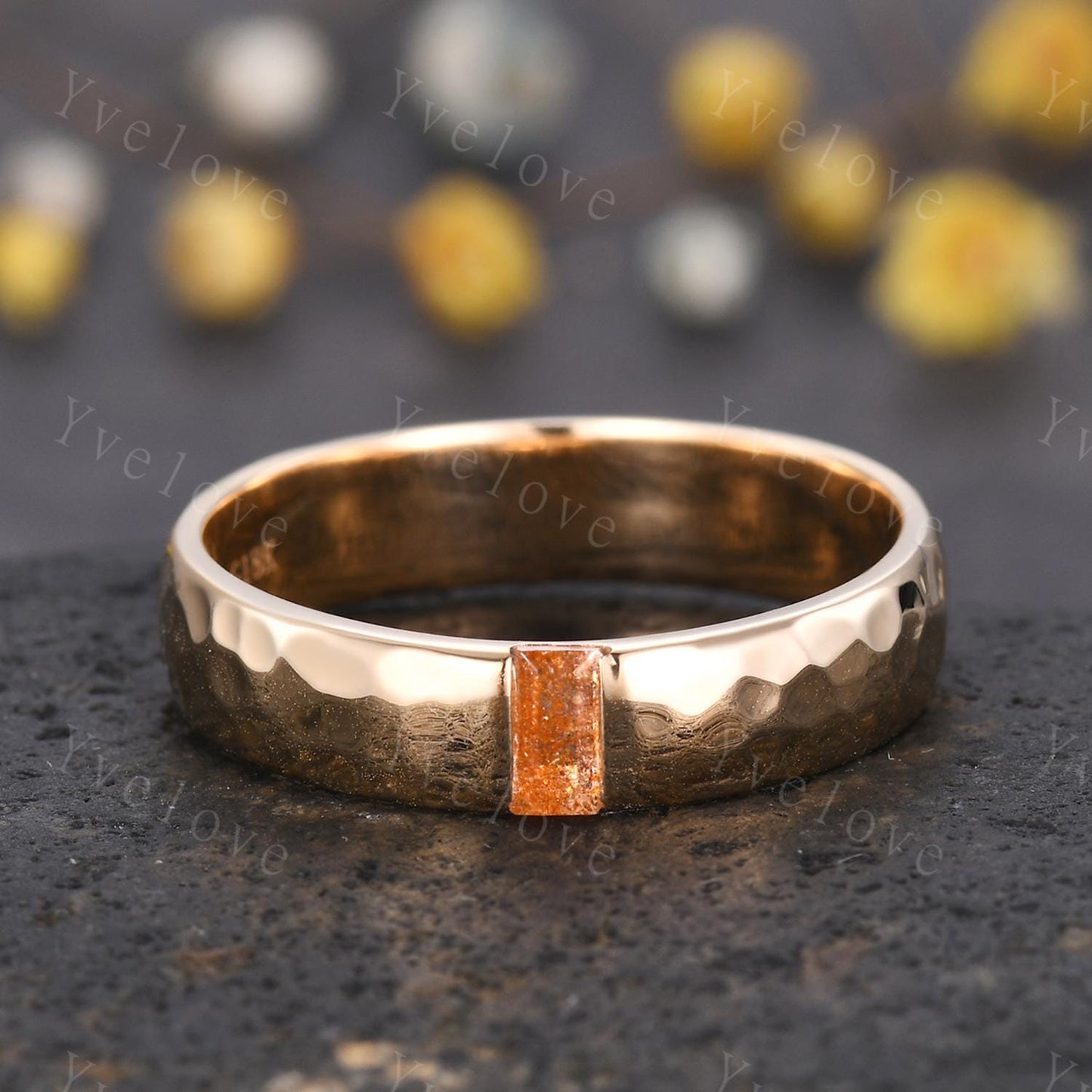 Mens Sunstone Wedding Band Baguette Cut Sunstone Band 5mm Solid Gold Ring Mens Hammered Stacking Matching Band Retro Vintage Ring Gift