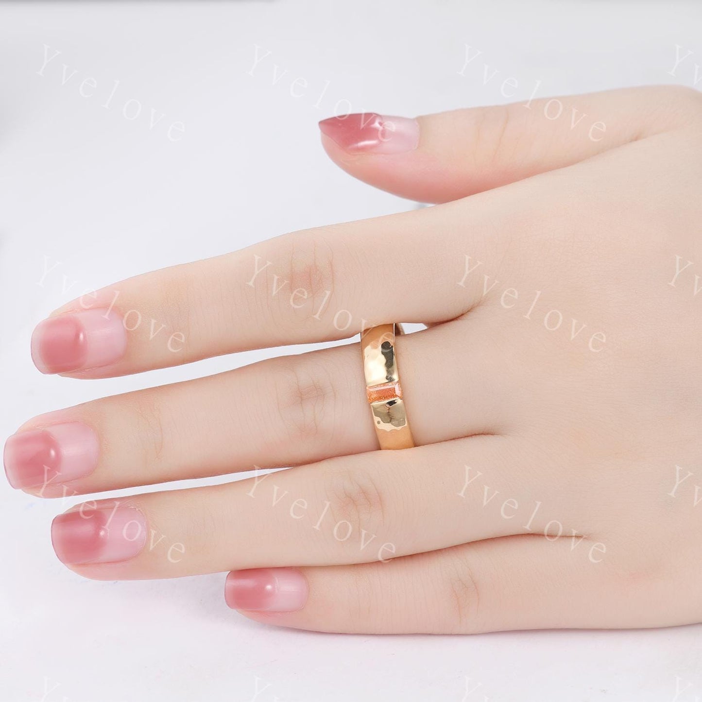 Mens Sunstone Wedding Band Baguette Cut Sunstone Band 5mm Solid Rose Gold Ring Mens Hammered Stacking Matching Band Retro Vintage Ring Gift
