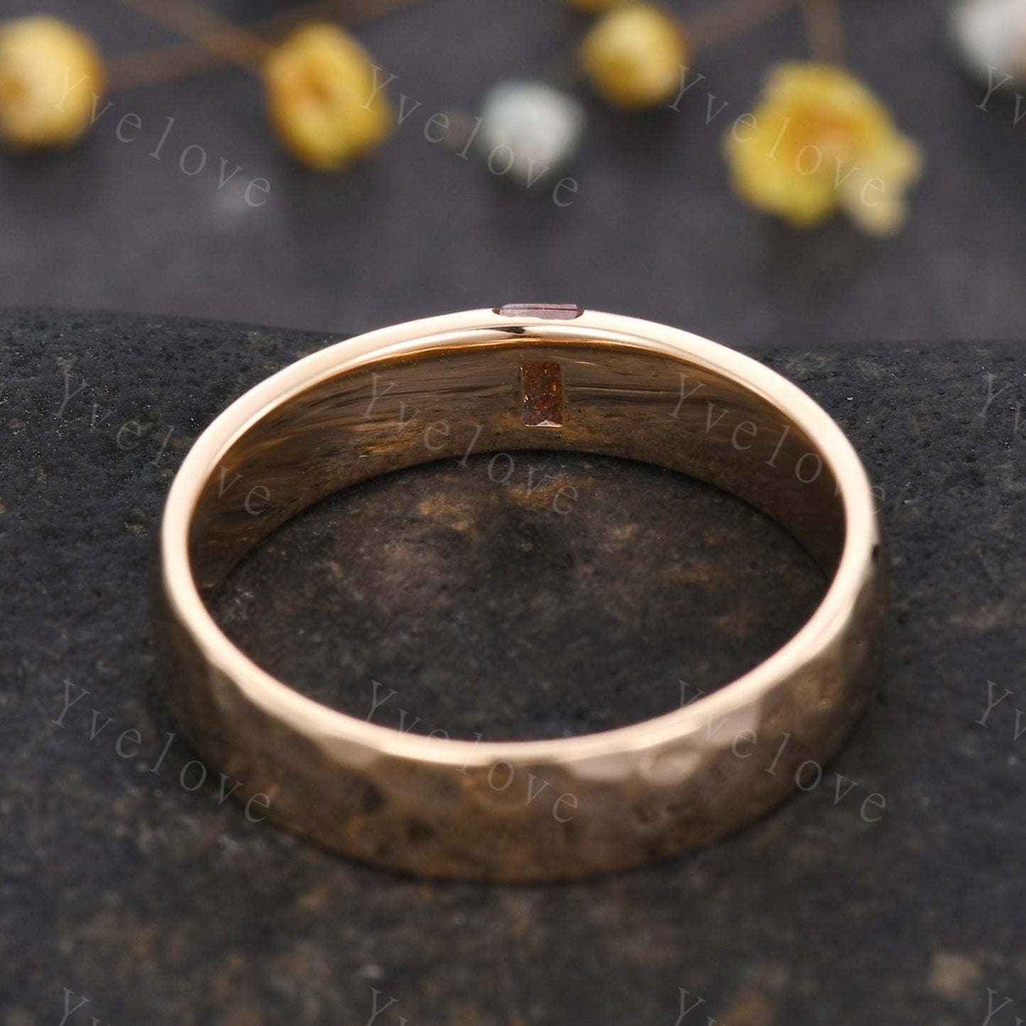 Mens Sunstone Wedding Band Baguette Cut Sunstone Band 5mm Solid Gold Ring Mens Hammered Stacking Matching Band Retro Vintage Ring Gift
