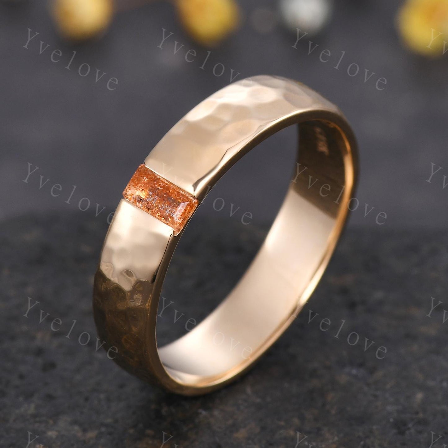 Mens Sunstone Wedding Band Baguette Cut Sunstone Band 5mm Solid Gold Ring Mens Hammered Stacking Matching Band Retro Vintage Ring Gift
