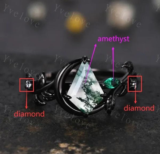 Custom order for jamie, main stone kite cut amethyst, marquise amethyst and round diamond as the side stones, silver black.