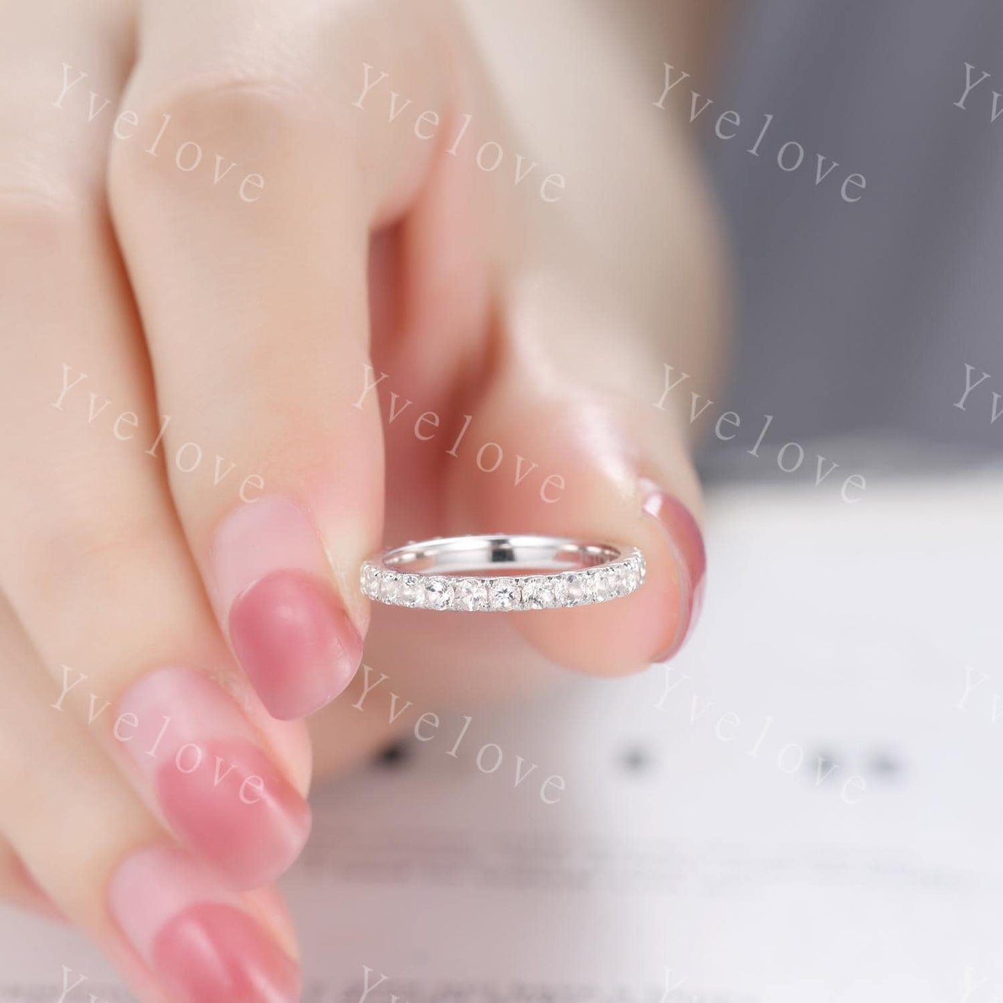 2mm Round Pink Morganite wedding ring full eternity natural morganite engagement ring wedding band for women matching band stacking ring