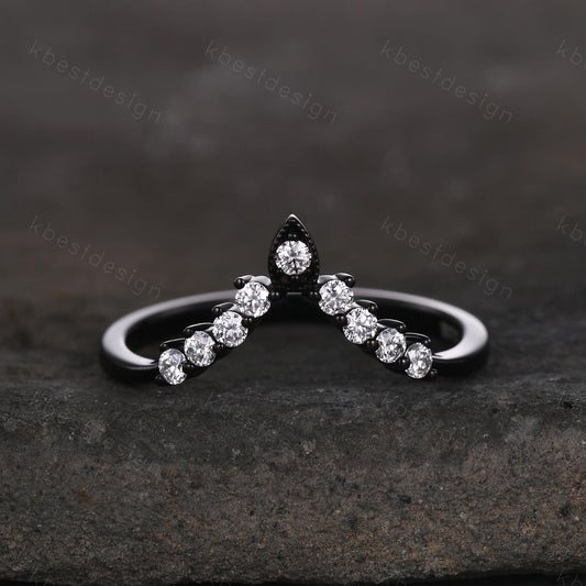 Curved moissanite wedding band Unique black gold stacking wedding band V curved matching band Anniversary gift for her