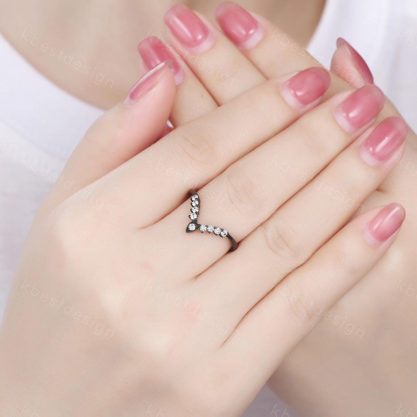 Curved moissanite wedding band Unique black gold stacking wedding band V curved matching band Anniversary gift for her