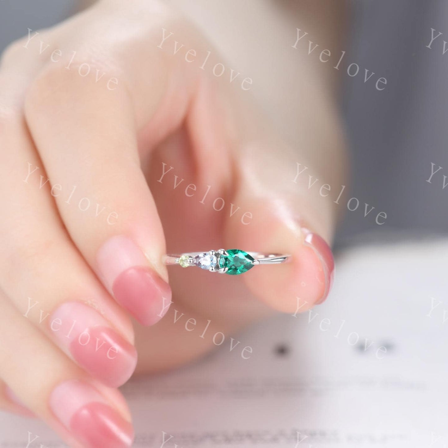 Vintage Emerald Alexandrite Engagement Ring,Pear Cut Gems,Art Deco Peridot Wedding Band,3 Stone Unique Women Bridal Promise Ring,Customized