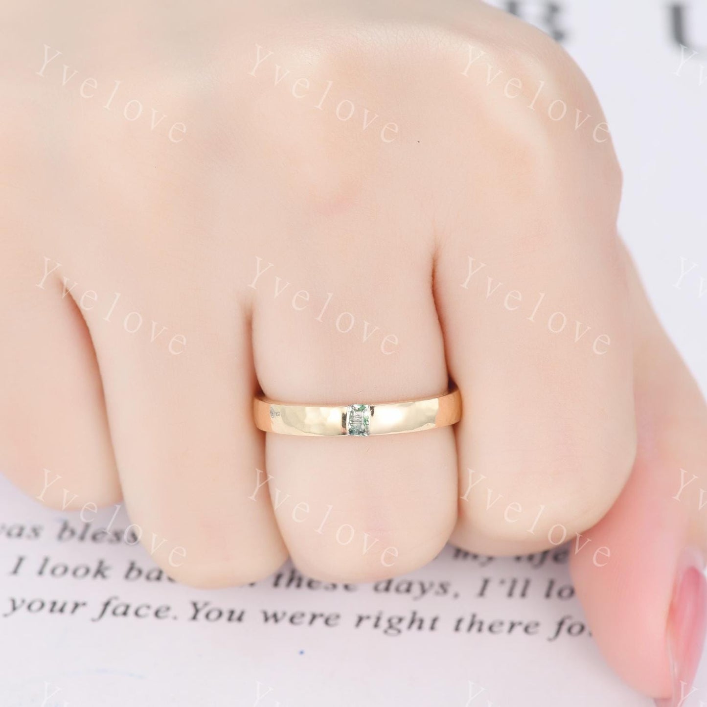 3mm Mens Moss agate Wedding Band Baguette Cut Natural Agate Band Solid Gold Ring Men Hammered Stacking Matching Band Retro Vintage Ring Gift