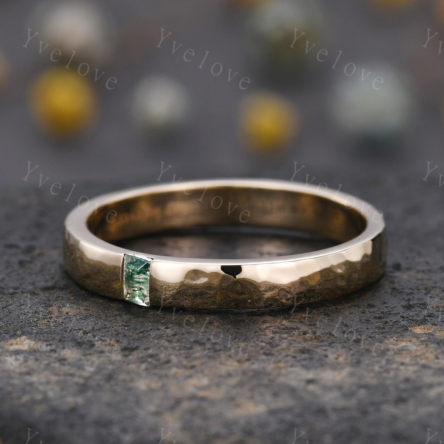 3mm Mens Moss agate Wedding Band Baguette Cut Natural Agate Band 14k Gold Ring Men Hammered Stacking Matching Band Retro Vintage Ring Gift