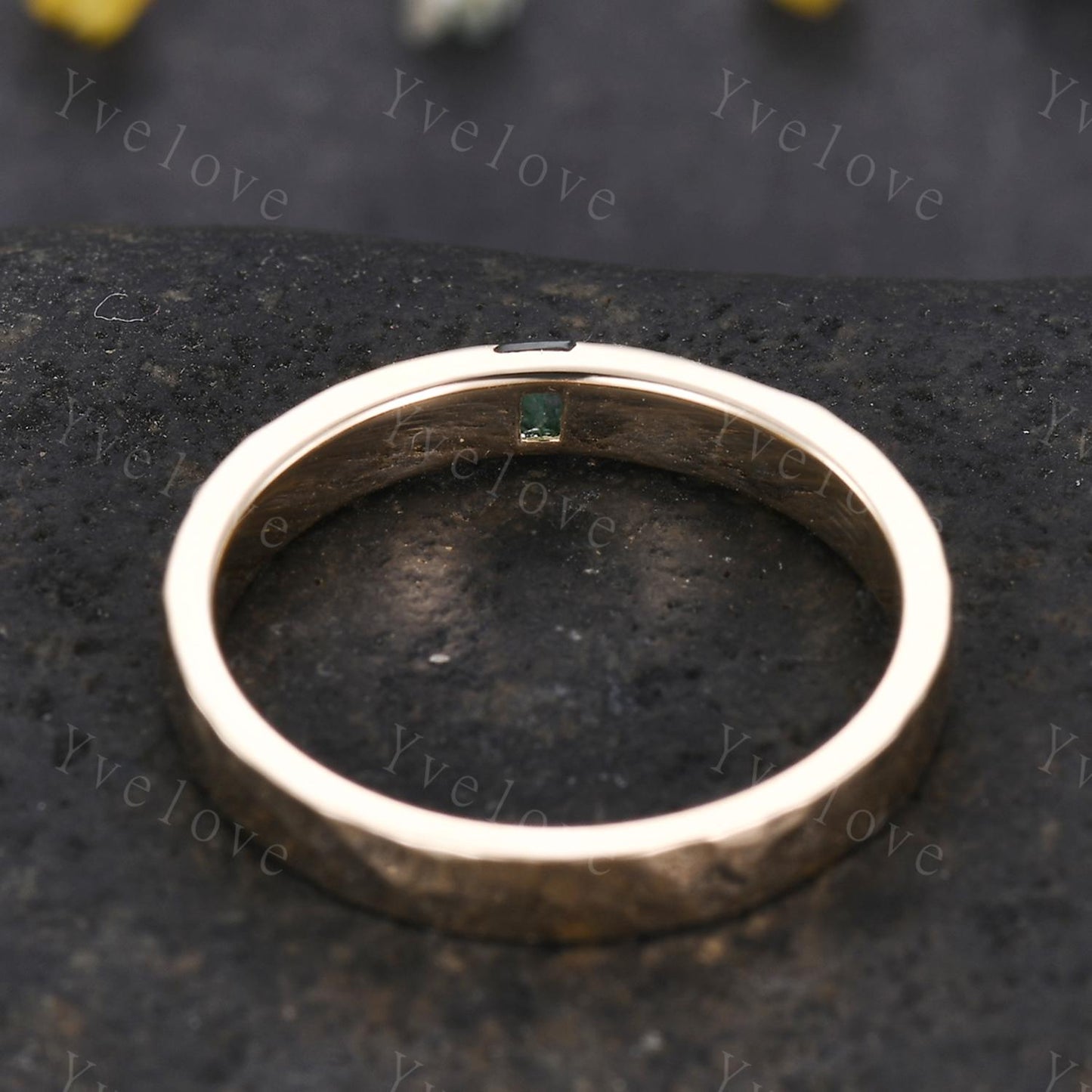 3mm Mens Moss agate Wedding Band Baguette Cut Natural Agate Band 14k Gold Ring Men Hammered Stacking Matching Band Retro Vintage Ring Gift