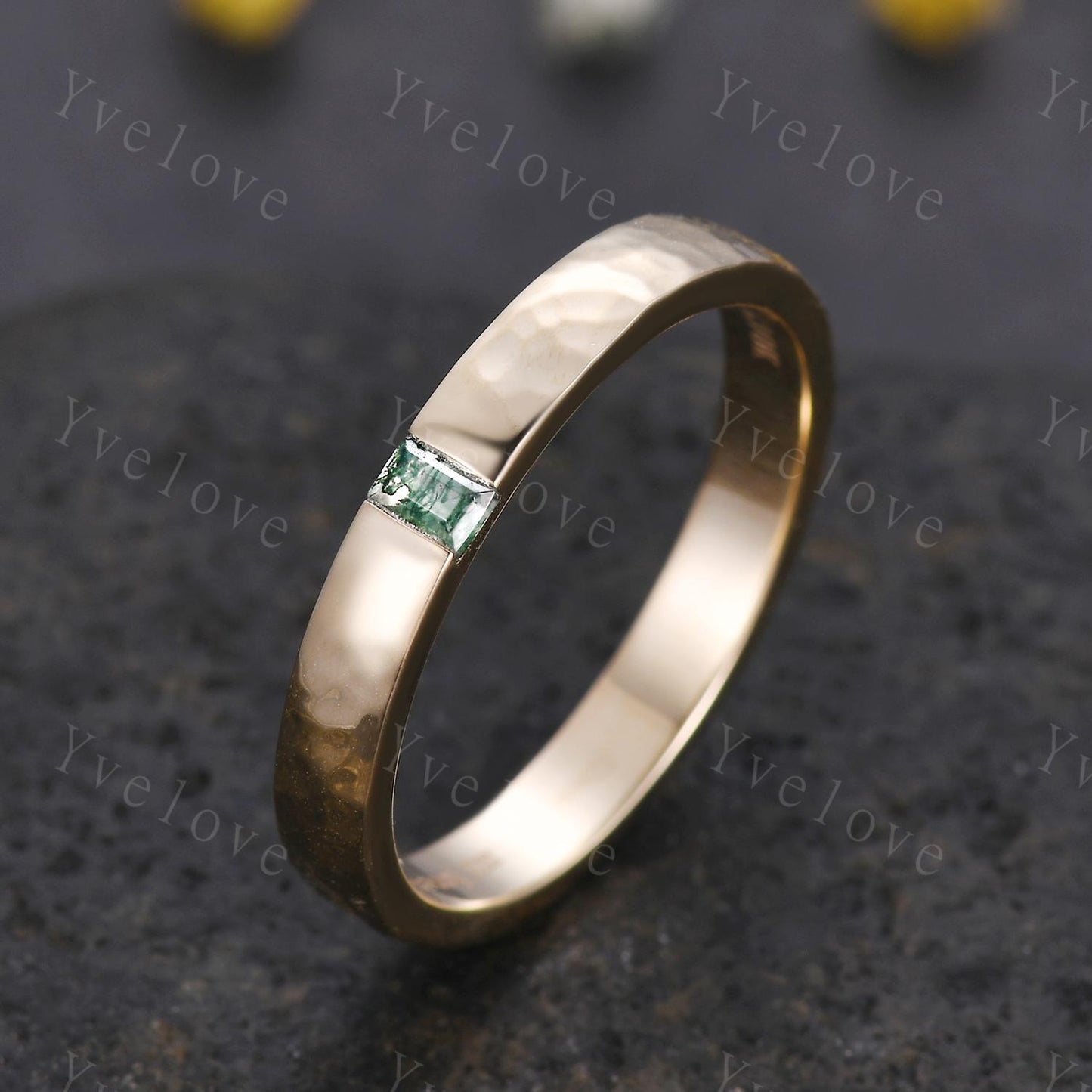 3mm Mens Moss agate Wedding Band Baguette Cut Natural Agate Band 14k Gold Ring Men Hammered Stacking Matching Band Retro Vintage Ring Gift