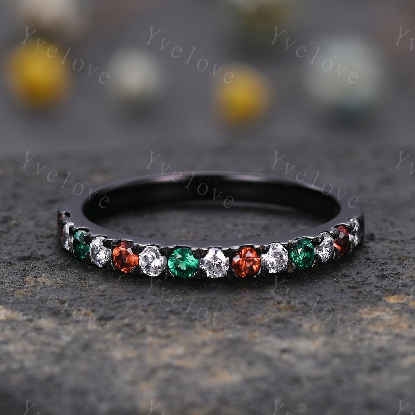 Emerald Garnet Diamond wedding band half eternity art deco emerald ring black gold ring promise bridal matching band family birthstone gift