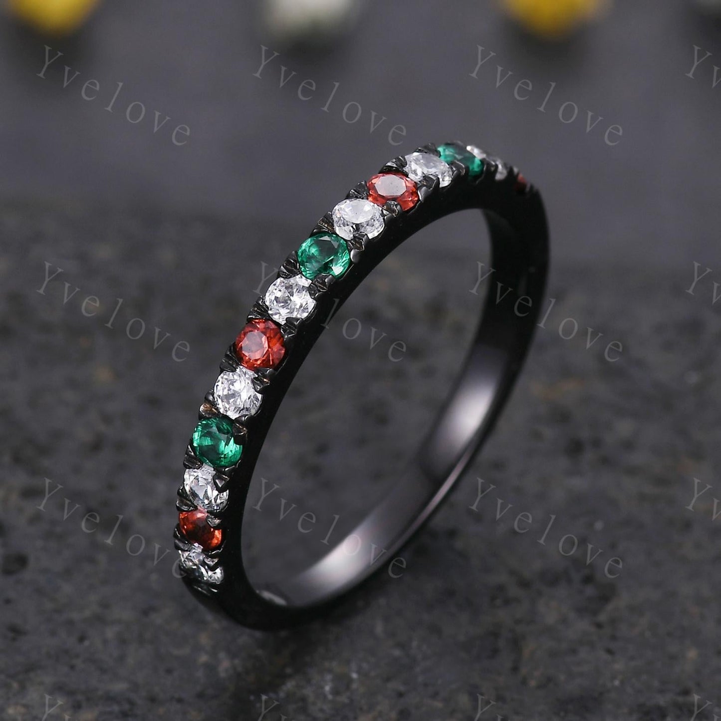 Emerald Garnet Diamond wedding band half eternity art deco emerald ring black gold ring promise bridal matching band family birthstone gift