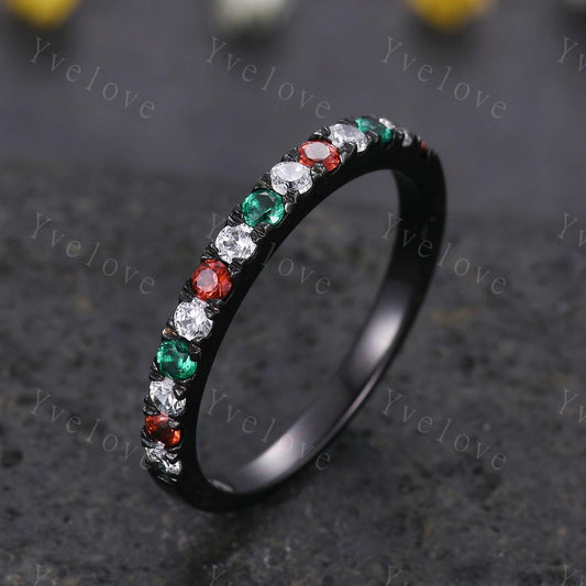 Emerald Garnet Diamond wedding band half eternity art deco emerald ring black gold ring promise bridal matching band family birthstone gift