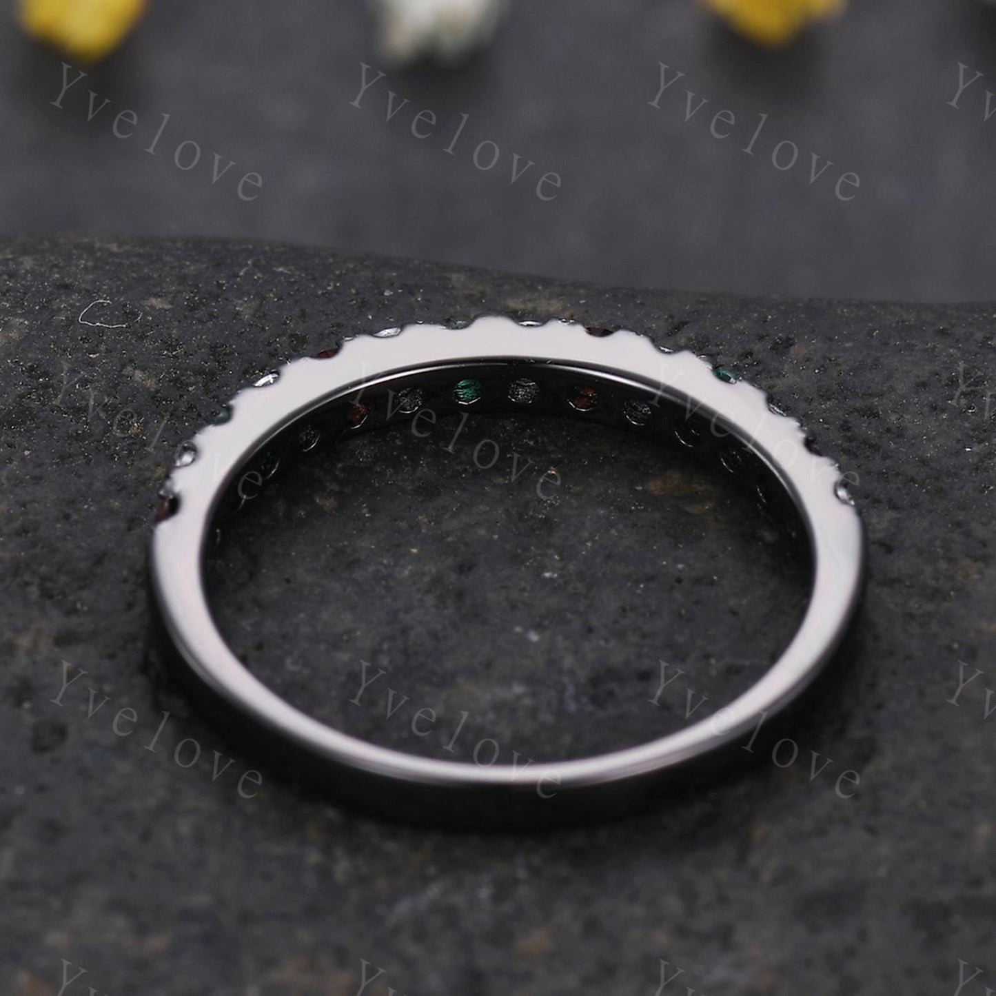 Emerald Garnet Diamond wedding band half eternity art deco emerald ring black gold ring promise bridal matching band family birthstone gift