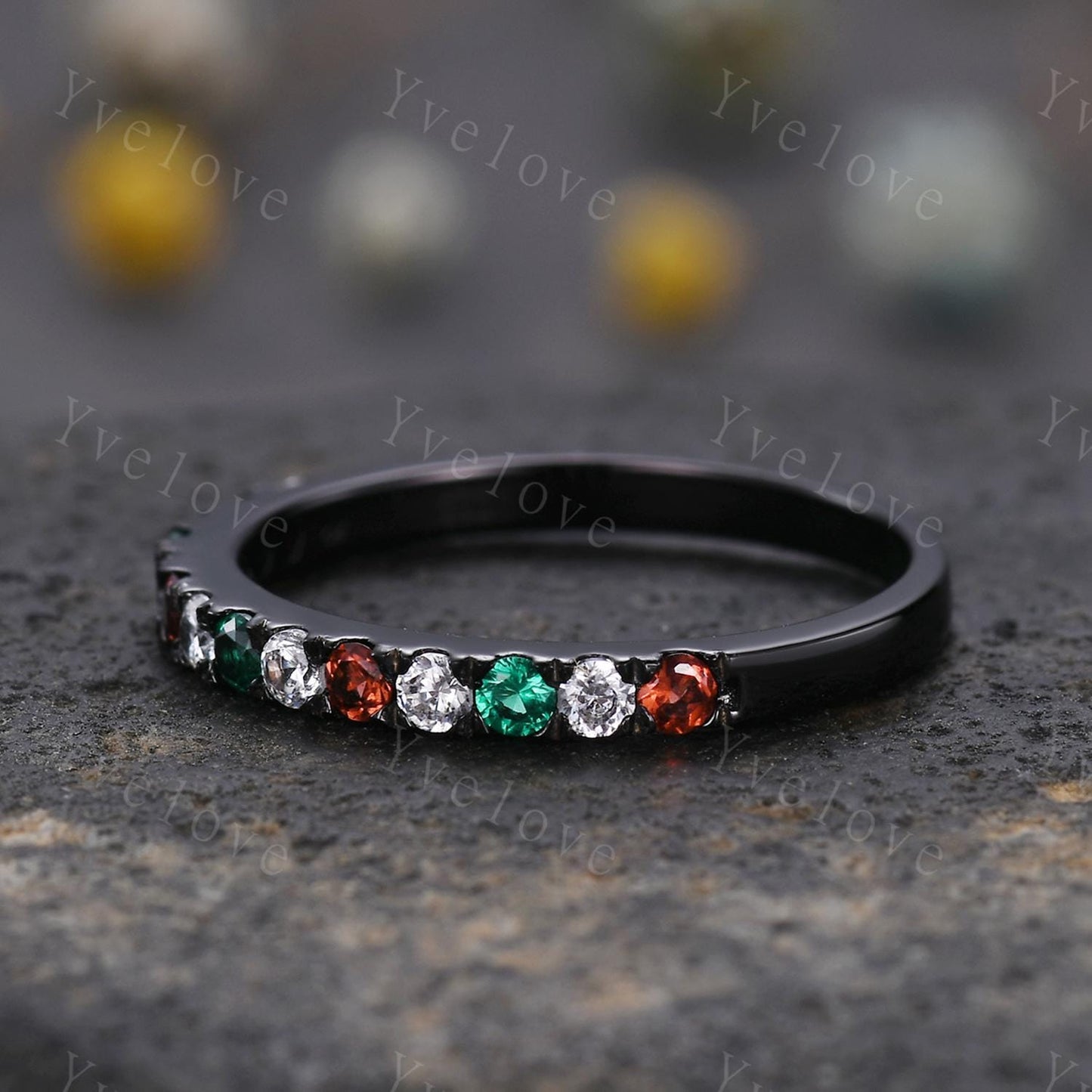 Emerald Garnet Diamond wedding band half eternity art deco emerald ring black gold ring promise bridal matching band family birthstone gift