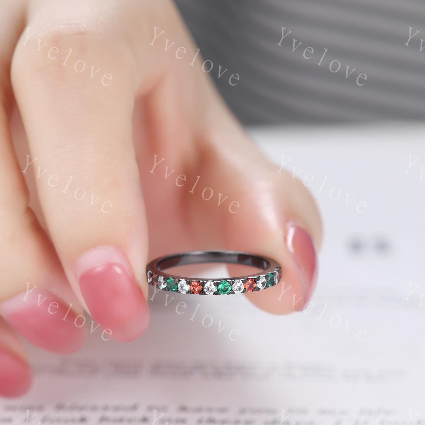 Emerald Garnet Diamond wedding band half eternity art deco emerald ring black gold ring promise bridal matching band family birthstone gift