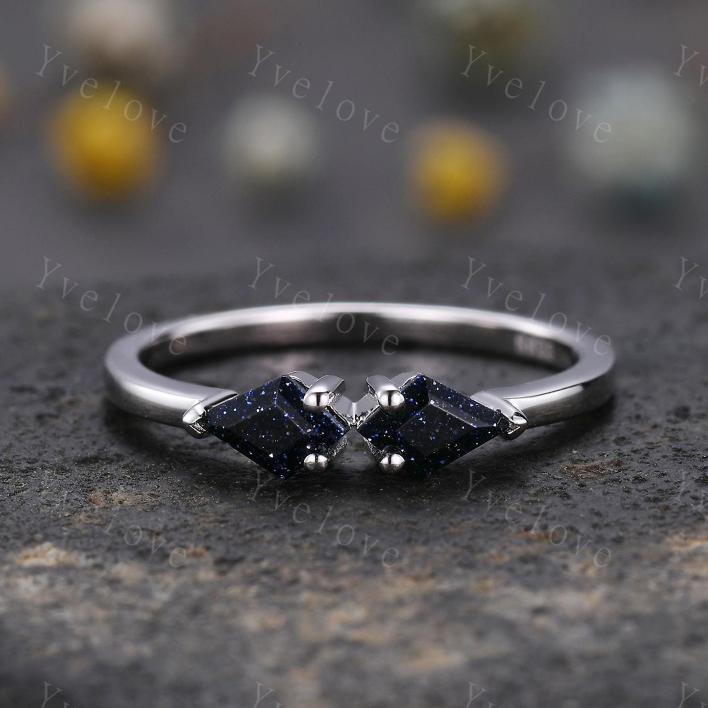 Art Deco Kite Blue Sandstone Engagement Ring,Vintage Galaxy Sandstone Wedding Band,Two Stone Ring Women Bridal Promise Ring,Sterling Silver