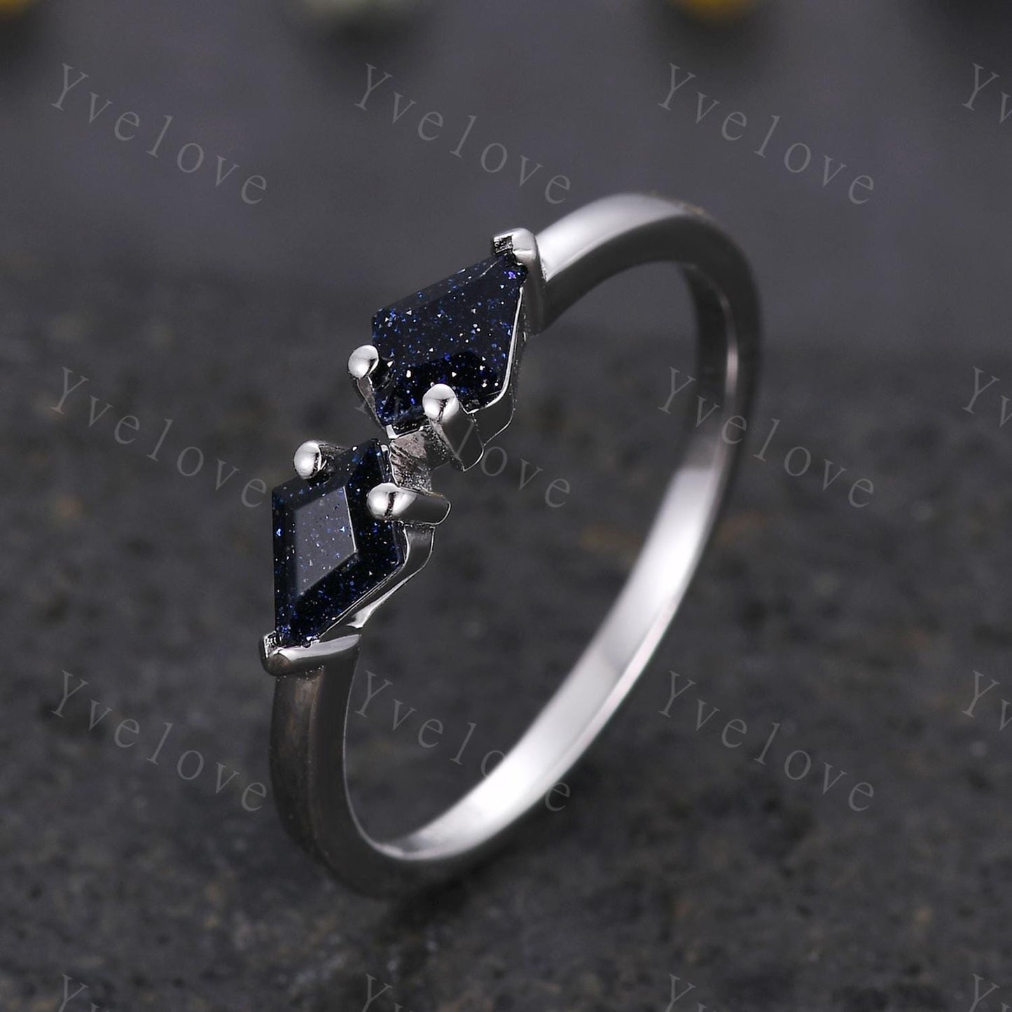Art Deco Kite Blue Sandstone Engagement Ring,Vintage Galaxy Sandstone Wedding Band,Two Stone Ring Women Bridal Promise Ring,Sterling Silver