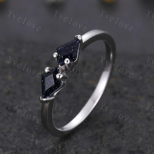 Art Deco Kite Blue Sandstone Engagement Ring,Vintage Galaxy Sandstone Wedding Band,Two Stone Ring Women Bridal Promise Ring,Sterling Silver