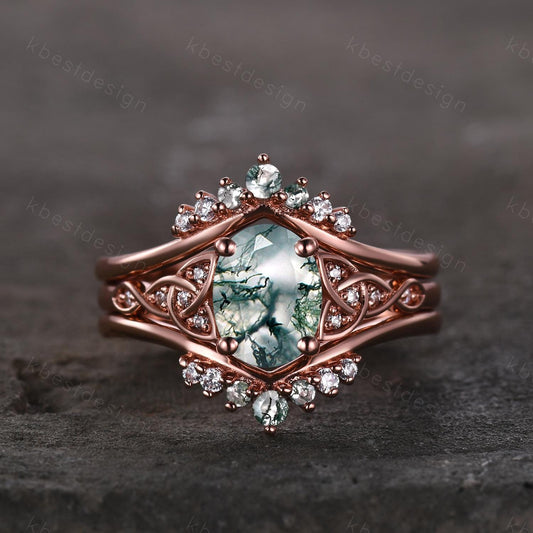 Vintage moss agate engagement ring set rose gold double curved stacking wedding band unique celtic knot green agate ring oval cut bridal set