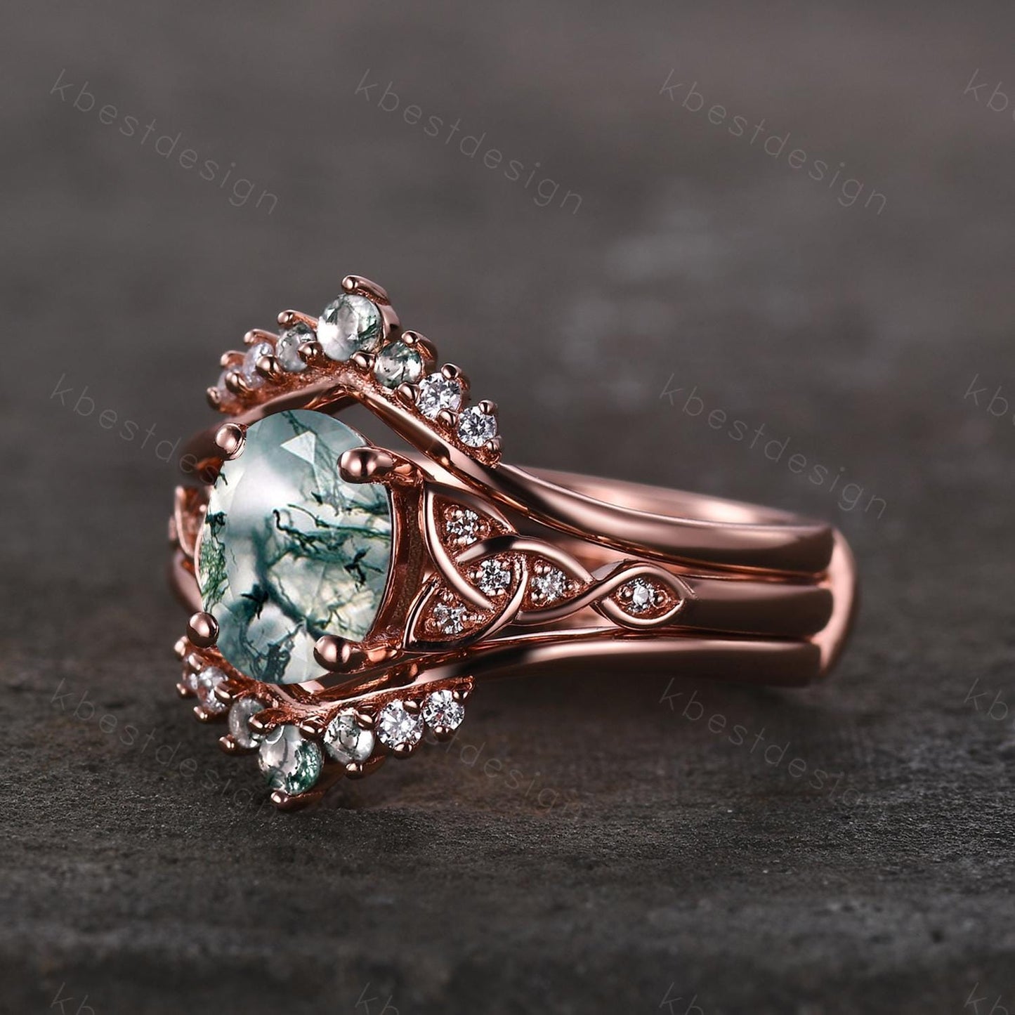 Vintage moss agate engagement ring set rose gold double curved stacking wedding band unique celtic knot green agate ring oval cut bridal set
