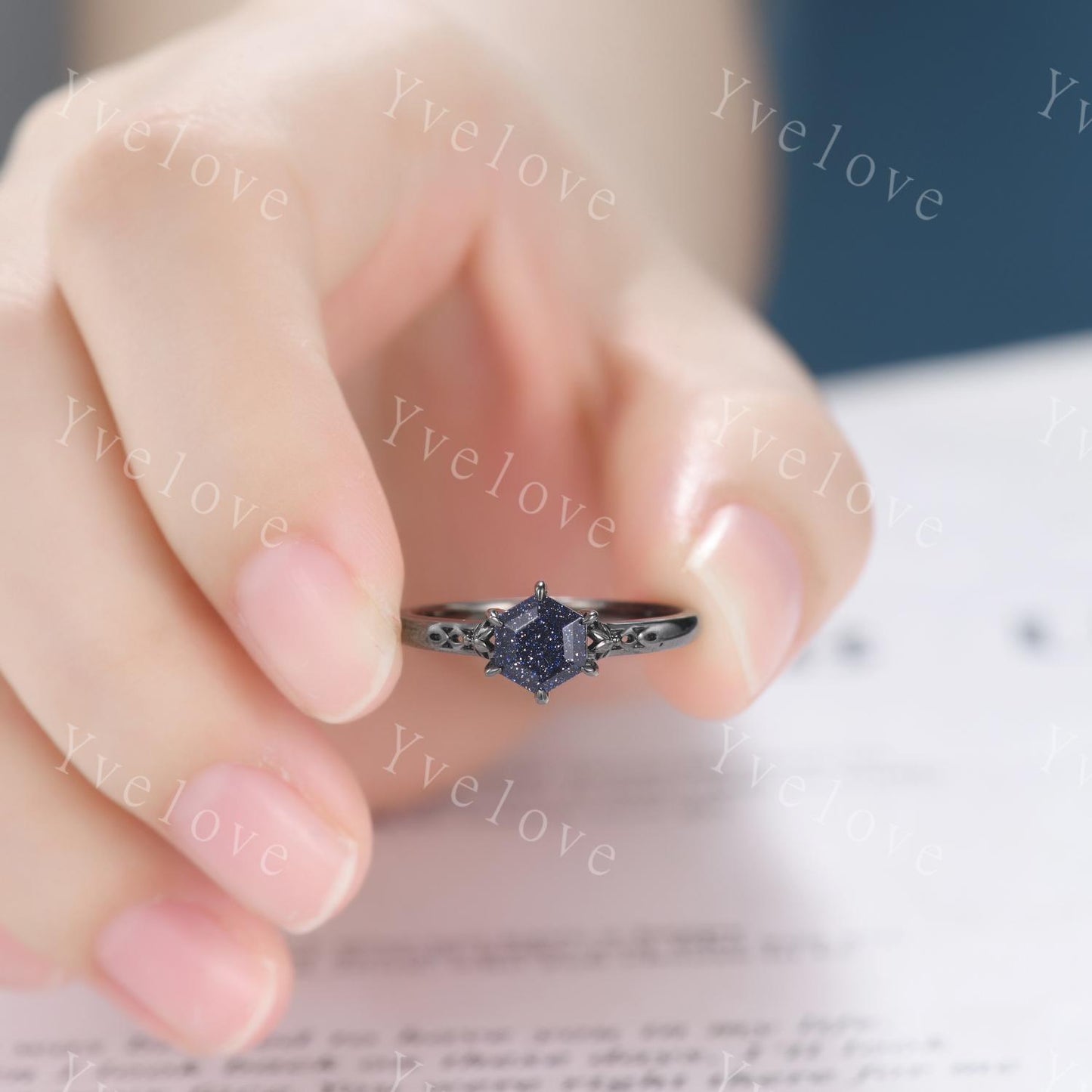 Vintage Blue Sandstone Engagement Ring,14k Black Gold Ring,Hexagon Cut Bridal Ring,Art Deco Galaxy Healing Ring Matching Band,Promise Gift