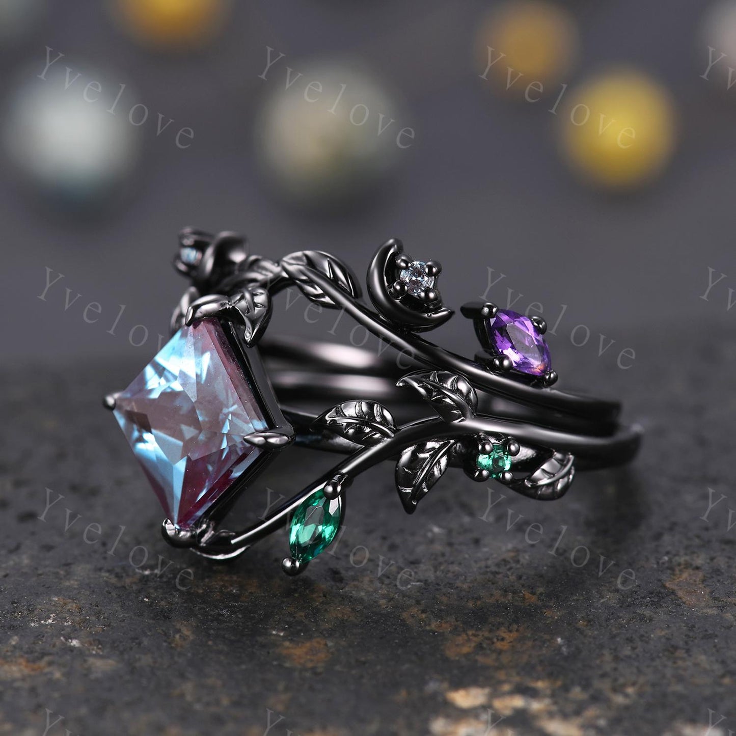 Vintage Princess Alexandrite Engagement Ring,14k Black Gold,Leaf Branch Emerald Wedding Ring,Gothic Anniversary Gift Promise Ring For Her