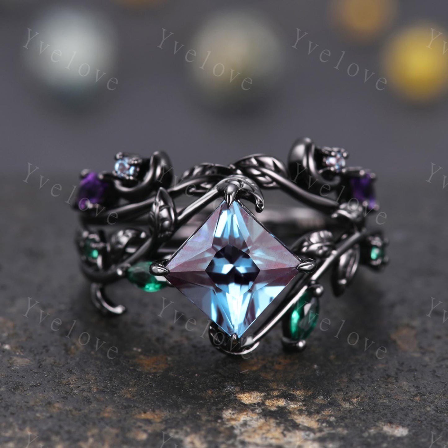 Vintage Princess Alexandrite Engagement Ring Set,Black Gold,Leaf Amethyst Emerald Ring,Women Bridal Set,Unique Anniversary Gift Promise Ring