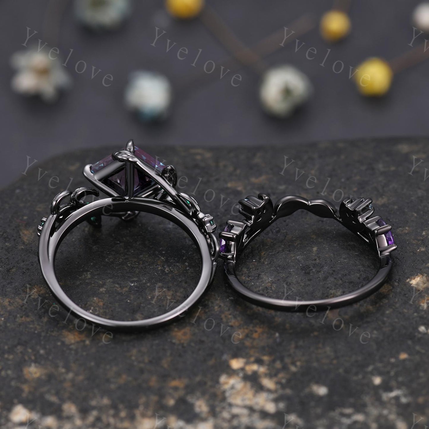 Vintage Princess Alexandrite Engagement Ring Set,Black Gold,Leaf Amethyst Emerald Ring,Women Bridal Set,Unique Anniversary Gift Promise Ring