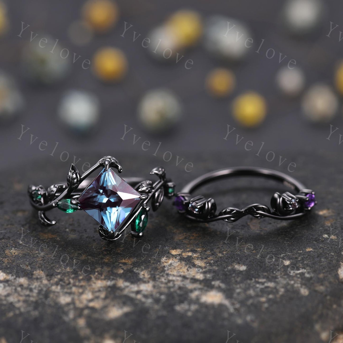 Vintage Princess Alexandrite Engagement Ring Set,Black Gold,Leaf Amethyst Emerald Ring,Women Bridal Set,Unique Anniversary Gift Promise Ring