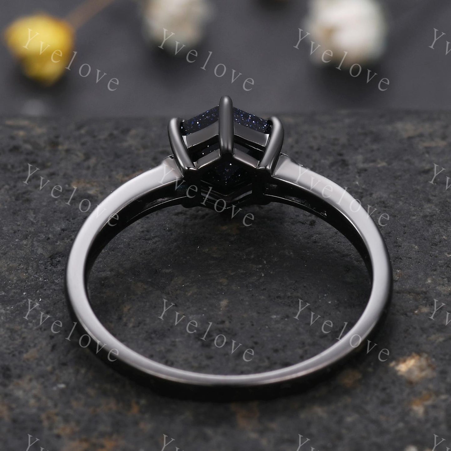 Vintage Blue Sandstone Engagement Ring,14k Black Gold Ring,Hexagon Cut Bridal Ring,Art Deco Galaxy Healing Ring Matching Band,Promise Gift