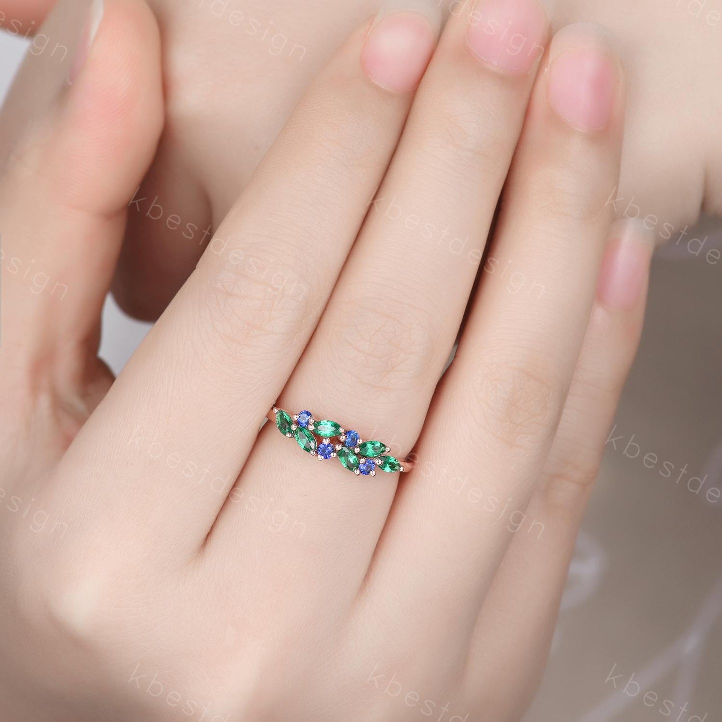 Emerald sapphire cluster wedding band Unique marquise cut emerald wedding band Vintage Moissanite ring Rose gold ring Anniversary gift