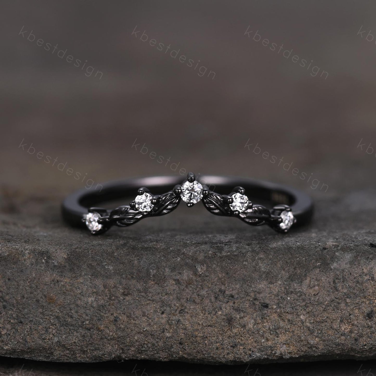 Unique Curved Moissanite Wedding Band Women Black Gold Ring Nature Leaf Style Stacking Matching Band Bridal Anniversary Ring