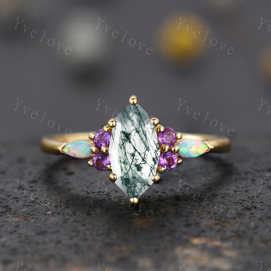 Vintage marquise moss agate engagement ring,Unique green agate wedding ring,Art deco opal amethyst matching stacking band rings for women