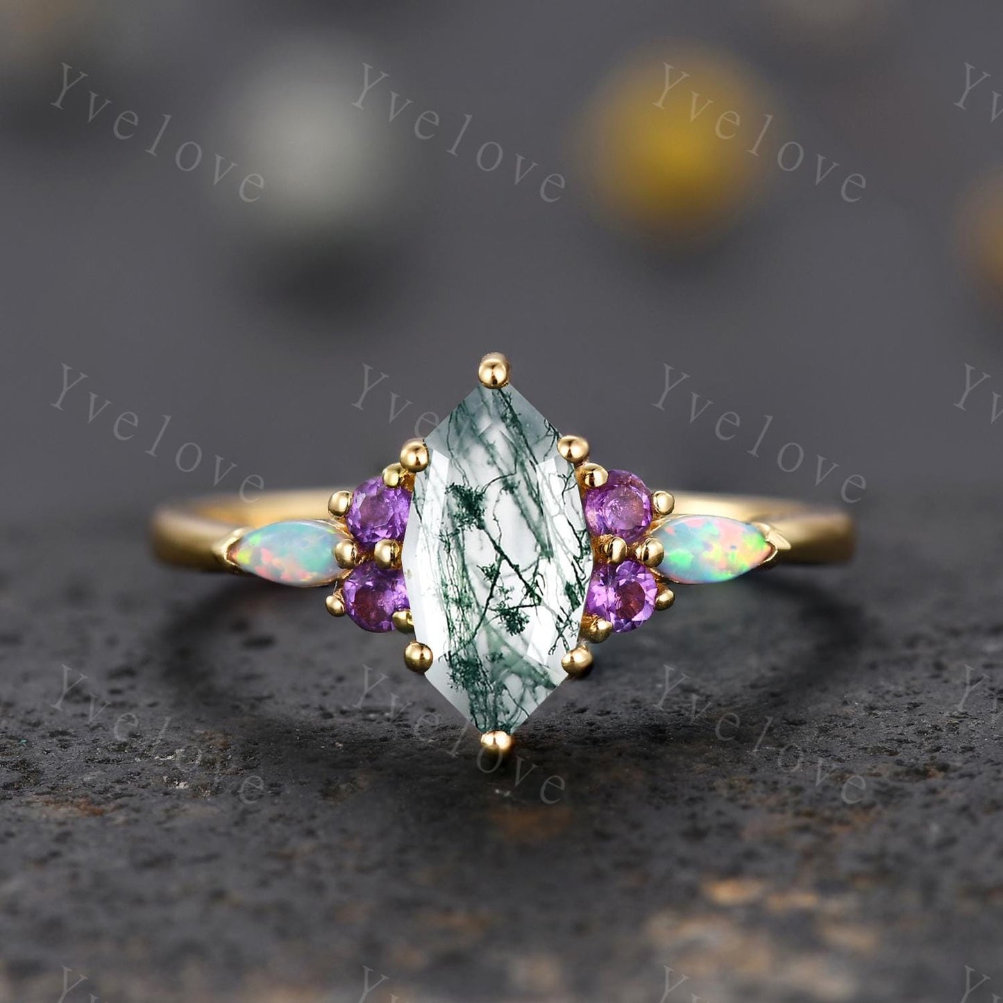 Vintage marquise moss agate engagement ring set,Unique wedding set,Art deco opal amethyst matching stacking band,bridal set,rings for women