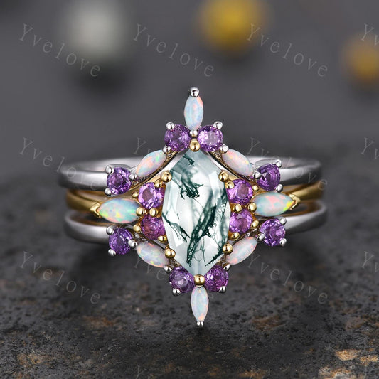 Vintage marquise moss agate engagement ring set,Unique wedding set,Art deco opal amethyst matching stacking band,bridal set,rings for women