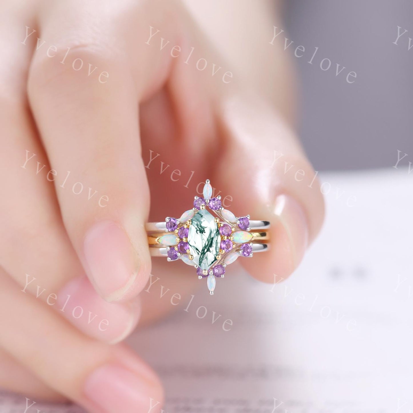 Vintage marquise moss agate engagement ring set,Unique green agate wedding set,Art deco opal amethyst matching stacking band rings for women