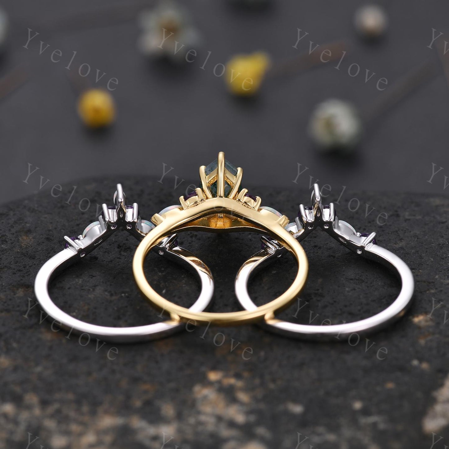 Vintage marquise moss agate engagement ring set,Unique wedding set,Art deco opal amethyst matching stacking band,bridal set,rings for women