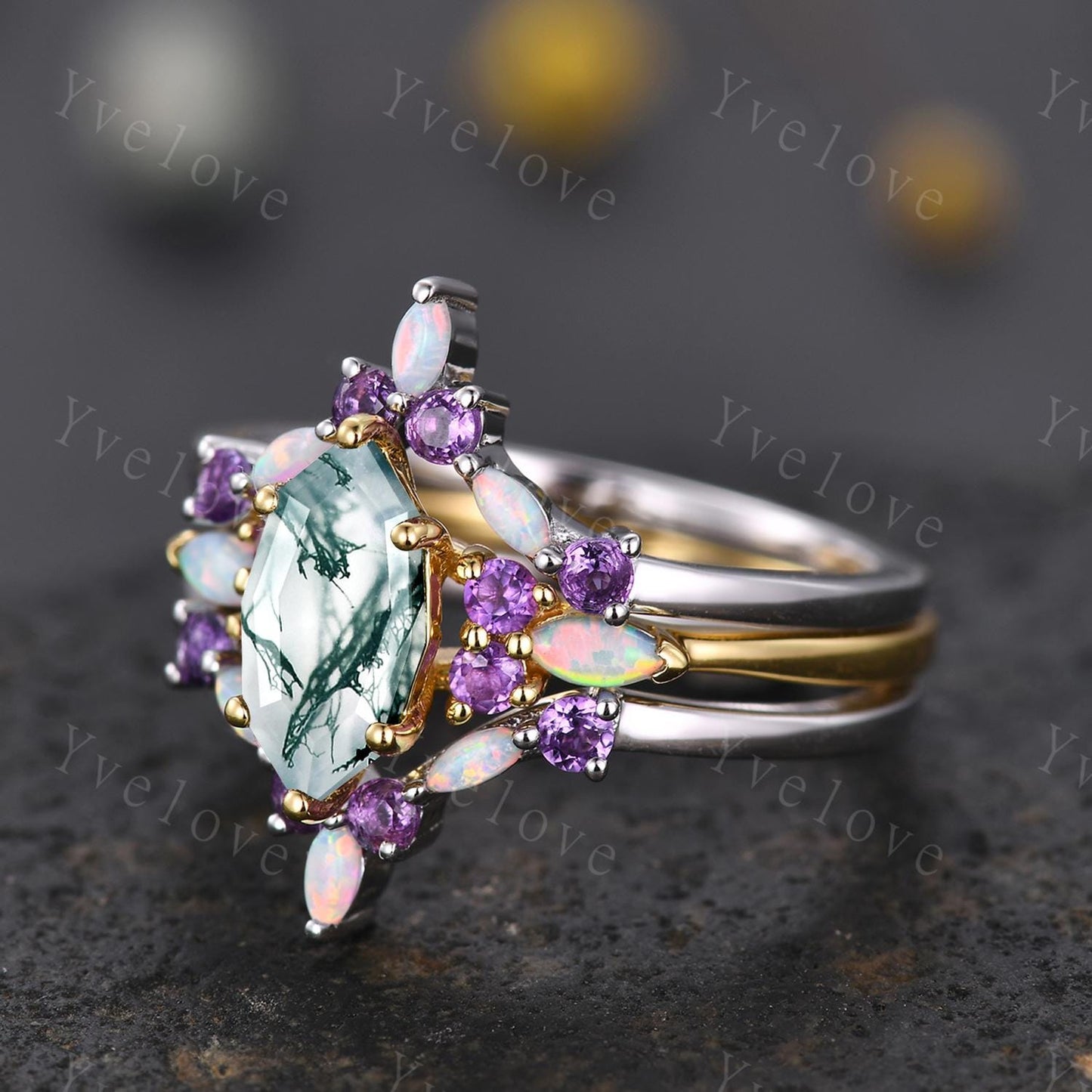 Vintage marquise moss agate engagement ring set,Unique wedding set,Art deco opal amethyst matching stacking band,bridal set,rings for women