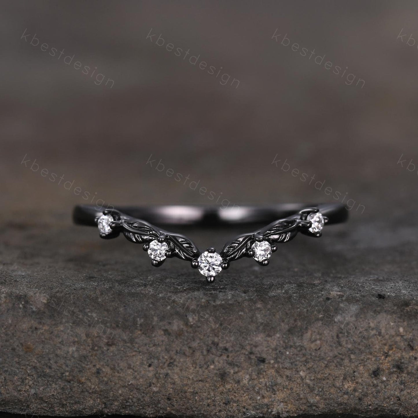 Unique Curved Moissanite Wedding Band Women Black Gold Ring Nature Leaf Style Stacking Matching Band Bridal Anniversary Ring