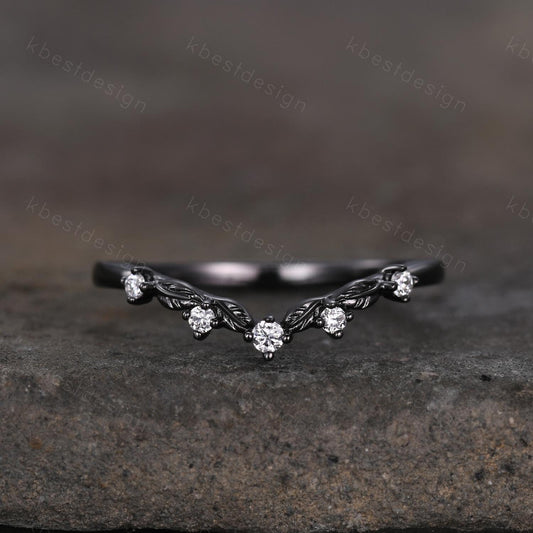 Unique Curved Moissanite Wedding Band Women Black Gold Ring Nature Leaf Style Stacking Matching Band Bridal Anniversary Ring
