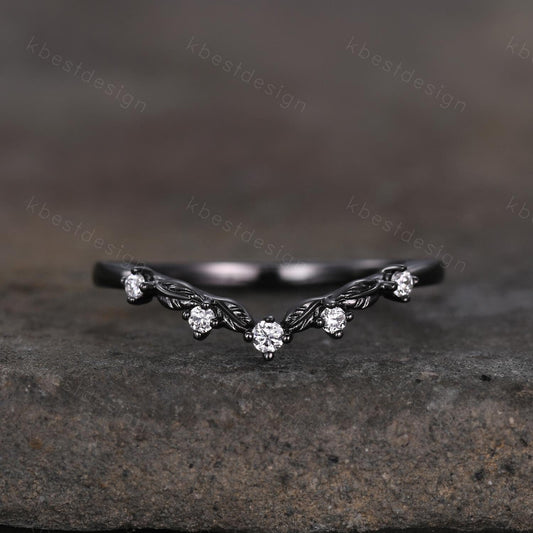 Unique Curved Moissanite Wedding Band Women Black Gold Ring Nature Leaf Style Stacking Matching Band Bridal Anniversary Ring