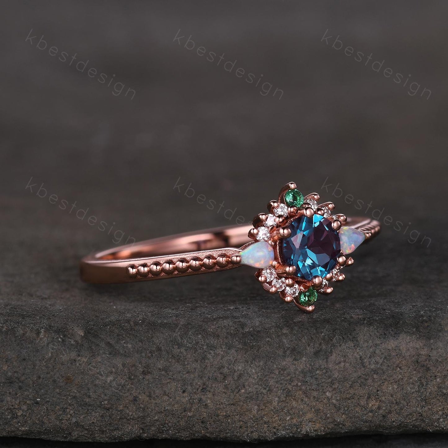 Vintage round cut Alexandrite engagement ring rose gold ring unique opal emerald ring for women June Birthstone ring promise ring gift