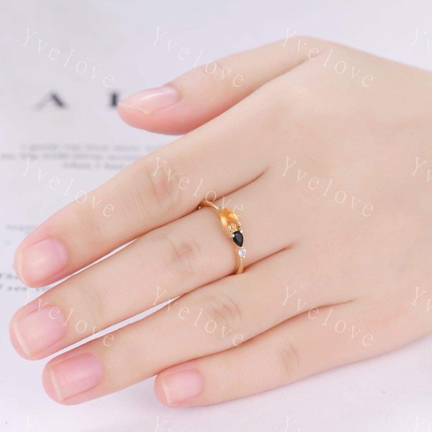 Vintage Yellow Citrine Black Spinel Engagement Ring,Pear Cut Gems,Art Deco Moissanite Wedding Band,3 Stone Unique Women Bridal Promise Ring