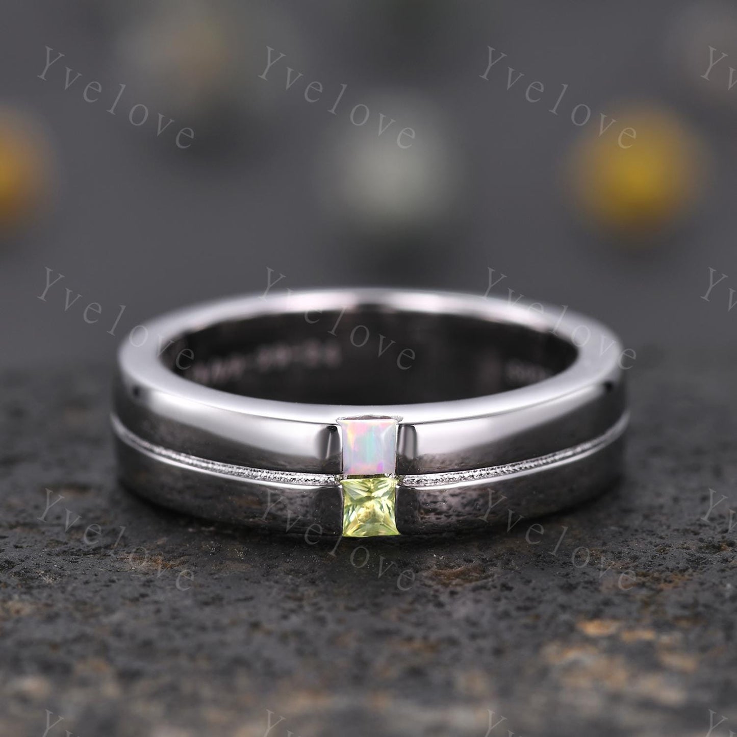 Mens Opal Peridot Wedding Band Princess Cut Peridot Band 5mm 925 Silver Ring Men Solitaire Stacking Matching Band Retro Vintage Ring Gift