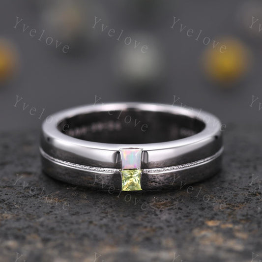 Mens Opal Peridot Wedding Band Princess Cut Peridot Band 5mm 925 Silver Ring Men Solitaire Stacking Matching Band Retro Vintage Ring Gift
