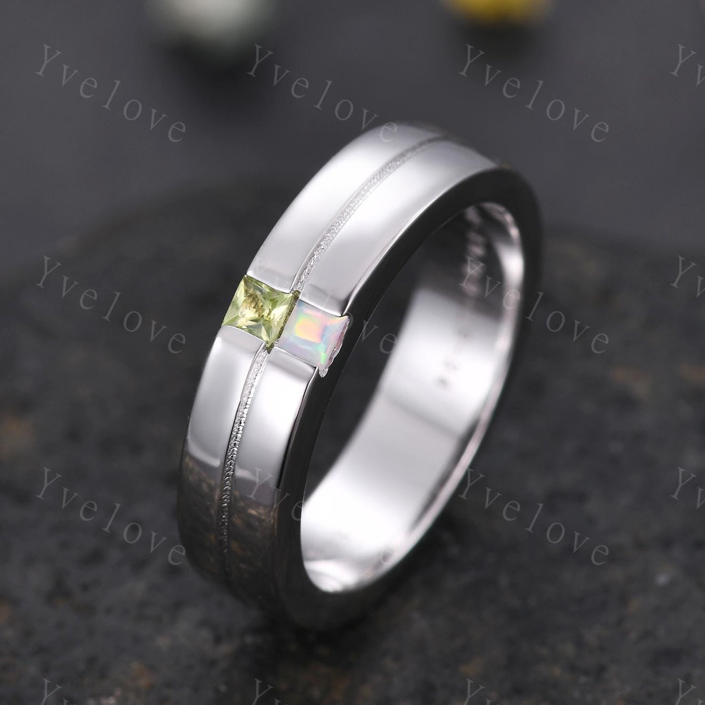 Mens Opal Peridot Wedding Band Princess Cut Peridot Band 5mm 925 Silver Ring Men Solitaire Stacking Matching Band Retro Vintage Ring Gift